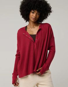 OFFLINE By Aerie Wow! Waffle Henley T-Shirt Waffle Henley Shirt Women, Waffle Knit Top Outfit, Knit Top Outfit, Aerie Clothing, Knitted Top Outfit, Henley Shirt Women, Waffle Henley, Offline By Aerie, Fall Tops