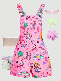 Teen Girl Cute Cartoon Printed Wide Strap Summer Jumpsuit Multicolor Casual  Sleeveless Polyester Cartoon,Geometric,Letter Overall Non-Stretch  Teen Girls Clothing, size features are:Bust: ,Length: ,Sleeve Length: Women Slogan, Pockets Fashion, Jumpsuit Summer, Teen Girls, Two Piece Outfit, Cartoon Print, Girls Clothing, Maternity Bag