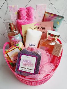 a pink basket filled with personal care items