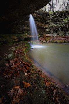 a small waterfall in the middle of a forest