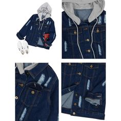 Elevate your outerwear game with the Anna-Kaci Women's Detachable Hoodie Denim Distressed Jean Jacket, available in three stylish color options: black, blue, and indigo. This versatile jacket features a detachable hoodie for customizable styling and is sure to become your go-to choice for any outing. Trendy Ripped Winter Outerwear, Trendy Hooded Denim Jacket In Blue, Trendy Hooded Medium Wash Denim Jacket, Winter Ripped Dark Wash Denim Jacket, Trendy Hooded Denim Jacket With Pockets, Trendy Medium Wash Hooded Outerwear, Trendy Hooded Outerwear In Medium Wash, Distressed Outerwear For Urban Adventures In Winter, Trendy Hooded Denim Jacket