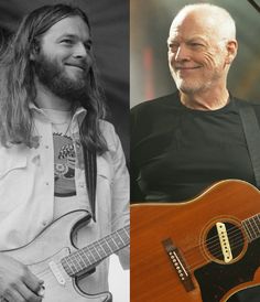 two pictures one with a guitar and the other with a beard