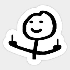 a black and white sticker with a smiley face on it's head, pointing to