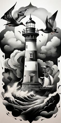 a drawing of a lighthouse with birds flying around it