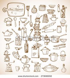 hand drawn kitchen utensils set