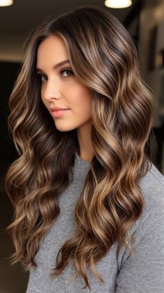 Caramel Highlights With Layers, Dark Brown Hair With Caramel Balayage, Warm Dimensional Brunette, Brown Hair With Colored Highlights Fun, Maja Salvador, Winter Hair Color Trends, Dark Brown Balayage, Long Curly Haircuts, Highlights For Dark Brown Hair