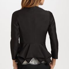 The Rear View In This Stella Mccartney Peplum Jacket Is Fabulous. Versatile; Looks Especially Chic Paired With Cigarette Trousers As Shown. Org $2,085 @ Saks. New With Tags. Hmmm May Wear Soon. Size 40 / Us 4 Equiv Collarless Button Closure Cropped Jewel Sleeves Made In Italy 53% Cotton, 47% Rayon Black Peplum Hem Professionally Dry Clean Slight Sheen Cocktails, Party, Wedding Fyi, I Will Not Budge On The Price - No Offers Considered Or Answered As Is * No Refund * No Returns * No Offers * No Tr Designer Silk Outerwear For Evening, Fitted Black Silk Outerwear, Elegant Black Cocktail Outerwear, Black Structured Evening Outerwear, Structured Black Evening Outerwear, Black Silk Office Outerwear, Black Silk Outerwear For Office, Elegant Structured Outerwear For Evening, Elegant Cocktail Outerwear For Fall