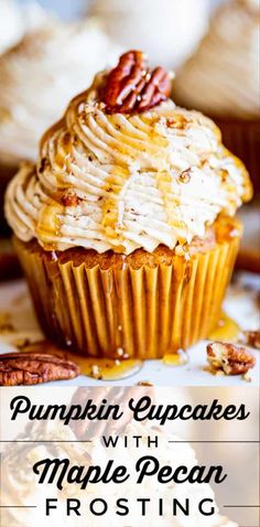 pumpkin cupcakes with maple pecan frosting and pecans on the side