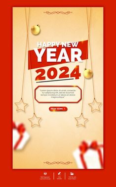 a red and white new year flyer with presents hanging from the strings, on an orange background