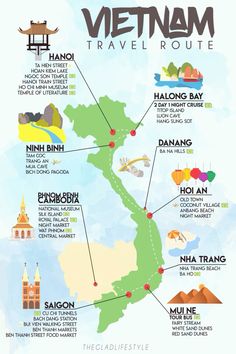 an illustrated map showing the locations of vietnam and other places to see in this country