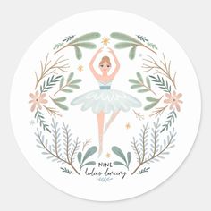 a round sticker with an illustration of a ballerina and flowers in the center