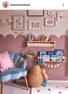 a room with pink walls, blue chairs and pictures on the wall above it is an instagram post about new posts