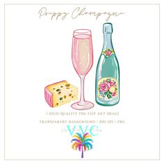 a bottle of champagne, a glass and a piece of cake