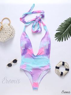 Eromis - Contemporary Design One-Piece Backless High Cut Swimsuit with Unique Print Purple Backless Swimwear For Summer, Multicolor Halter Neck Bodysuit For Poolside, Multicolor Halter Neck Bodysuit For Swimming, Multicolor Backless Bodysuit For Beach Season, Purple Backless Bodysuit For Beach, Purple Backless Bodysuit For The Beach, Multicolor Backless Summer Bodysuit, Summer Multicolor Backless Bodysuit, Spring Backless One-piece For Sunbathing