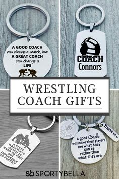 four different keychains with the words wrestling coach on them and an image of a dog