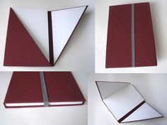 four different angles of an origami book with white pages and silver strips on it