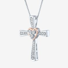 Features: Religious Jewelry, Quick ShipDiamond Clarity: I3Jewelry Closure: Spring Ring ClaspSetting: Multi-SettingShape: CrossStone Cut: RoundDiamond Color: I-JMetal Color: Two ToneChain Length: 18 InchRounded Carat Weight: 1/10 Ct. T.w.Chain Construction: BoxCare: Wipe CleanStone Type: 24 Natural DiamondAuthenticity: Natural DiamondBirthstone: April BirthstoneMetal: 14k Rose Gold Over Silver, Sterling SilverNecklace Type: Pendant NecklacesCountry of Origin: Imported Rose Gold Diamond Necklace For Anniversary Gift, Mother's Day White Jewelry With Diamond Accents, Sterling Silver Cross Pendant Jewelry For Valentine's Day, Rose Gold Cross Necklace With Diamond Accents, White Diamond Cut Jewelry For Mother's Day, Rose Gold Cross Pendant Fine Jewelry, Fine Jewelry Rose Gold Cross Pendant, Rose Gold Cross Jewelry With Diamond Accents, Rose Gold Diamond Cross Pendant Jewelry