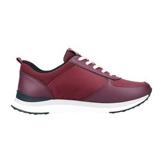 Rieker Lace-up Shoe for Women, Red - Rieker Evolution Revolution in Red Rieker Lace-up Shoe for Women, Red - Rieker Evolution Revolution in Red Upgrade your casual look with these berry red women's sneakers from Rieker Evolution. The lace-up design, side stripe, and breathable light pink lining add a touch of elegance to this stylish shoe. Crafted in faux leather, the white sneaker sole is lightweight and comfortable, perfect for all-day wear. Plus, featuring a NanoWater-Protect membrane, these shoes keep rain and dirt at bay.   Color: Red  Heel Height: 3.5 cm  Heel Shape: Flat  Toe Shape: Round  Shoe Width: Normal (G)  Removable Insole: No  Closure: Lace-up  Waterproof: No  Reflective: No  Fit: True to size   Material & Care  Lining: Textile  Insole: Textile & Synthetic  Sole: Synthetic Sporty Burgundy Sneakers With Rubber Sole, Sporty Burgundy Low-top Sneakers, Sporty Burgundy Sneakers For Sports, Sporty Burgundy Sneakers, Burgundy Sporty Sneakers For Sports, Burgundy Low-top Sports Sneakers, Burgundy Low-top Sneakers For Sports, Red Lace-up Walking Shoes For Sports, Burgundy Lace-up Sneakers For Sports