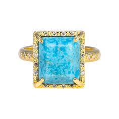 Ring 18kt Yellow Gold 0.136 CT White Diamond and Blue Turquoise Compressed Square. Luxury Turquoise Jewelry With Center Stone, Luxury Turquoise 14k Gold Ring, Luxury Blue Multi-stone Turquoise Ring, Fine Jewelry Gold Turquoise Multi-stone Ring, Yellow Gold Rings With Rectangular Accent Stones, Luxury Blue Rings With Rectangular Stone, Rectangular 14k Gold Jewelry With Accent Stones, Luxury Blue Rectangular Stone Rings, Luxury Blue Square Cut Ring