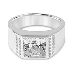 Show your lasting love and commitment in modern style with the clean-lined design of this men’s square-cut white lab-created sapphire wedding band. Fashioned in sterling silver This choice showcases a 9.0mm bezel-set square-cut white lab-created sapphire. Double rows of dainty round lab-created sapphires flank the center, completing this refined look. This wedding band is certain to bring you instant compliments. Polished Man, Sapphire Wedding Band, White Sapphire Ring, White Lab, Lasting Love, Sapphire Wedding, Sapphire Stone, Square Cut, Size 10 Rings