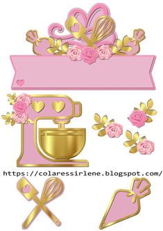 a pink and gold cake topper with hearts, flowers and kitchen utensils