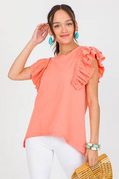 Cute and comfy style is right at your fingertips with the Terry Ruffle Sleeve Top!? The 100% cotton knit fabric features a terry contrast on the layered ruffle sleeves and hem Ruffle Sleeve Tops For Layering, Cotton Tops With Ruffle Sleeves In Relaxed Fit, Cotton Tops With Ruffle Sleeve And Relaxed Fit, Relaxed Fit Cotton Tops With Ruffle Sleeves, Relaxed Fit Cotton Top With Ruffle Sleeves, Cotton Tops With Ruffle Hem In Solid Color, Cotton Top With Ruffle Hem In Solid Color, Solid Cotton Top With Ruffle Hem, Cotton Flutter Sleeve Top For Brunch