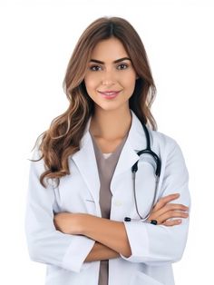 a woman wearing a white lab coat and standing with her arms crossed in front of her chest