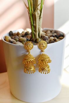 "Mid Sized Statement South Indian Style Jhumka Earrings 16kt Gold over brass 2.5\" L x 0.7\" W Post and backing" South Indian Style, Gold Jhumka, Jhumka Designs, Gold Jhumka Earrings, Real Gold Chains, Dresses Traditional, Gold Jewellry, Fancy Jewellery Designs, Indian Dresses Traditional