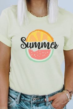 Experience the taste of summer with our vibrant Summer Fruit Slices Watermelon Orange Graphic Tee. This tee features an eye-catching design showcasing juicy watermelon and refreshing orange slices, creating a delightful summer vibe. White, Cream and Citron tees are 100% cotton, Ash tees are 99/1 cotton/poly. Peach is 52/48 cotton/poly. Whether you're lounging by the pool, exploring tropical destinations, or simply enjoying the sunny weather. By Kissed Apparel.Made In: USAFabric Contents: Most t- White T-shirt With Lemon Print For Summer, Fruit Print Tops For Beach In Spring, Orange Crew Neck Summer T-shirt, Fun Short Sleeve T-shirt For Summer Activities, Summer Fruit Print Tops For Beach, Summer Lemon Print Tops For Vacation, Summer Beach Tops With Fruit Print, Beach Cotton Tops With Lemon Print, Summer Tops With Lemon Print For Vacation