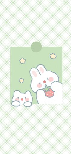 an image of a cute bunny holding a strawberry in her hand and another rabbit on the other side