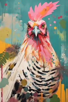 a painting of a chicken on a blue background