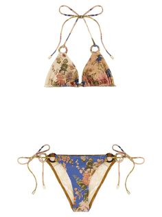 'August Spliced Ring Tie' bikini in stretch floral print, triangle top with adjustable laces, briefs with adjustable laces. Composition: 80% polyamide, 20% elastane | Zimmermann Women's august Spliced Ring Tie Bikini | SS24 Swimsuit Inspo, Beach Fits, White Bikinis, B Fashion, Cute Bathing Suits, Summer Bikinis, Cute Swimsuits, Triangle Top, Mode Inspo