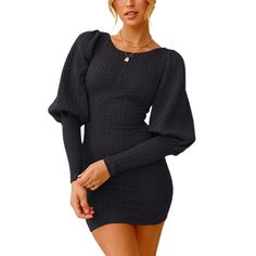 Black Knit Slim Fit Long Sleeve Bodycon Dress Elegant Solid Color Winter Bodycon Dress, Black Non-stretch Mini Dress For Winter, Elegant Mini Length Knitted Sweater Dress, Elegant Mini Sweater Dress Knitted, Elegant Knitted Mini Sweater Dress, Chic Non-stretch Sweater Dress For Fall, Chic Bodycon Knit Mini Dress, Winter Non-stretch Solid Color Bodycon Dress, Non-stretch Solid Color Winter Bodycon Dress