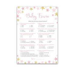 a pink and gold baby shower game with stars on the side, which reads baby trivia