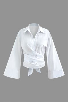 Details Occasion Work Category Tops Composition 100% Polyester Sheer Semi Sheer  Size & Fit Measured in size S Length:21.3 Bust:38.6 Sleeve Length:21.3 Fit Loose Fit Stretch No Stretch Satin Long Sleeve Top, Shirt Knot, Satin Long Sleeve, Wrap Shirt, Aesthetic Shirts, Stylish Work Outfits, Trendy Tops, White White, Y2k Fashion