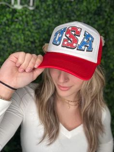 Keep the sun away while staying trendy with this USA Trucker Hat. Perfect for 4th of July celebrations, this mesh and snap back hat will keep you cute and cool all day! (Pro tip: pairs well with BBQ and fireworks!) Color: Red/White Brand: Ask Apparel Includes: x1 Hat Made in the USA Mesh and Snap BackProfessionally Sublimated One Size, Unisex fit. White Mesh Baseball Hats For Baseball Season, White Mesh Hat For Baseball Season, Summer Patriotic Trucker Hat With Curved Brim, Patriotic Snapback Summer Hats, Patriotic Snapback Baseball Cap For Summer, Summer Trucker Hat With Curved Bill, Summer Mesh Hat With Curved Brim, Patriotic Snapback Hat For Summer, Red Trucker Hat For Beach