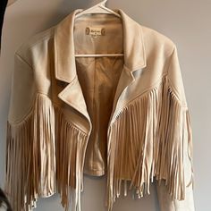 Altard State Fringe Jacket Never Worn Size Medium Cream Fringe Outerwear For Spring, Fitted Beige Cropped Jacket For Fall, Cream Fringe Outerwear For Fall, Spring Cream Outerwear With Fringe, Winter Cream Outerwear With Fringe, Chic Beige Outerwear With Fringe, Spring Cream Fringe Outerwear, Chic Beige Fringe Outerwear, Beige Long Sleeve Outerwear With Fringe