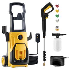 a yellow and black pressure washer with accessories