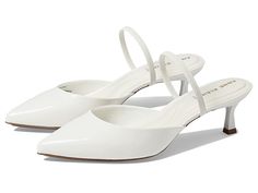 Anne Klein Iella - Women's Shoes : White : Pump up your fashion game with the sleek and sophisticated style of the Anne Klein Iella Heels. Glossy fabric upper. Man-made lining and insole. iFlex technology offers 90° flexibility for superior comfort and seamless movement. Slide-on style with a slingback strap. Pointed toe and kitten heel. Man-made outsole. Imported. Measurements: Heel Height: 2 in Weight: 7 oz Product measurements were taken using size 9, width M. Please note that measurements ma Elegant Heels With Ankle Strap In Polyurethane, Elegant Heels With Heel Strap, Spring Formal Polyurethane Heels, Formal Heels With Heel Strap And Polyurethane, Formal Heels With Heel Strap, Elegant Evening Heels In Polyurethane, Modern Synthetic Heels With Almond Toe, Elegant Office Heels In Polyurethane, Office Heels With Heel Strap In Synthetic Material