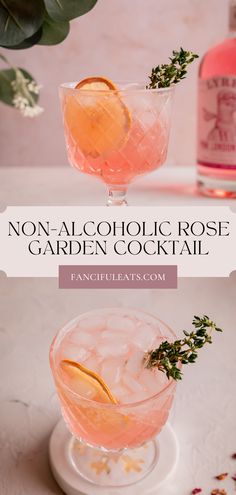 Pink rose garden cocktail in a glass with thyme sprigs and a dried orange slice. Floral Mock Tails, Non Alcoholic Welcome Drinks, Rose Syrup Cocktail, Sweet Mocktail Recipes, Rose Mocktail Recipe, Zero Proof Cocktails, Earthy Cocktails, Rose Drinks Cocktails, Alcohol Free Wedding