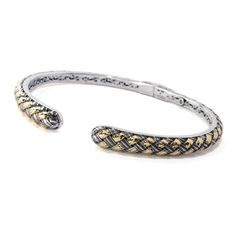 Perfect for everyday wear, this Artisan Silver by Samuel B. bangle bracelet is filled with gorgeous style and ornate details. It's crafted in sterling silver with an eye-catching woven-look design featuring 18K yellow gold accents There's even cutout scrollwork and a diamond accent on the interior. Choose from 6.5" or 7.25" and 4-7.5mm or 7-11mm. Pair it with matching earrings 204-147 for a stunning coordinated style. Elegant Engraved Braided Bangle Bracelet, Gold Sterling Silver Bangle With Intricate Design, Elegant Braided Bangle Bracelets For Formal Occasions, Elegant Formal Braided Bangle Bracelets, Elegant Formal Braided Bangle Bracelet, Gorgeous Style, All Gems, Quality Diamonds, Jewelry Plate