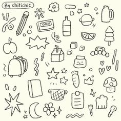 a drawing of various items that are drawn in black and white