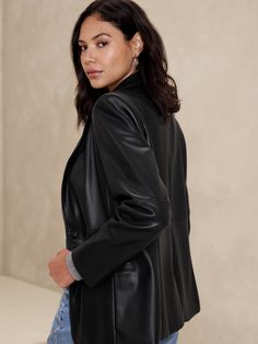 Vegan Leather Blazer | Banana Republic Factory Chic Solid Color Faux Leather Jacket, Chic Faux Leather Jacket, Chic Leather Jacket With Faux Front Pockets, Fall Leather Jacket For Workwear, Faux Leather Business Jacket, Classic Faux Leather Jacket For Work, Classic Faux Leather Single-breasted Jacket, Classic Faux Leather Jacket For Office, Faux Leather Jacket For Business Casual