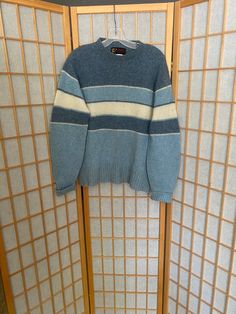 1950’s blue and white horizontal stripes pullover sweater, wool and polyester blend, Jersild distinctive sportswear brand. Has a few stain spots, shown in photosChest: 44”Shoulder to hem: 26” Striped Wool Sweater With Crew Neck, Striped Wool Crew Neck Sweater, Blue Crew Neck Sweater With Horizontal Stripes, Vintage Striped Crew Neck Sweater, Seashell Bra, Faux Fur Cape, Vintage Mermaid, Striped Pullover, Velvet Shirt