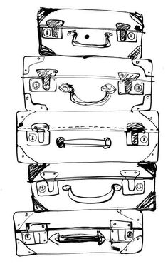 four suitcases stacked on top of each other in black and white, with the handles down