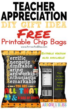 two bags of teacher appreciation diy gift idea with the text free printable chip bags