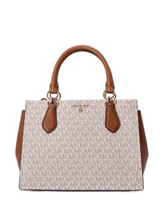 beige/brown canvas gold-tone logo lettering monogram print gold-tone hardware two top handles main compartment Affliction Clothing, Pretty Purses, Michael Kors Handbag, Monogram Prints, Pretty Bags, Brown Canvas, Handbags Michael Kors, Satchel Bag, Beige Brown