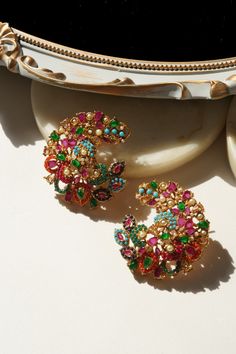 Tina Navratan Statement Top Earrings with vibrant multicolor stones and gold-tone