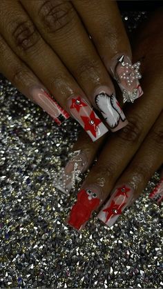 kaws birthday freestyle nails, star nails, Red Kaws Nails, Birthday Freestyle Nails, Kaw Nails, Streetwear Nails, Kaws Nails, Nails Star, Freestyle Nails, Fye Nails, Acrylic Nail Set