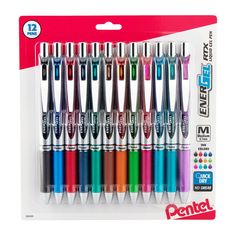 the pentel pens are lined up in a package